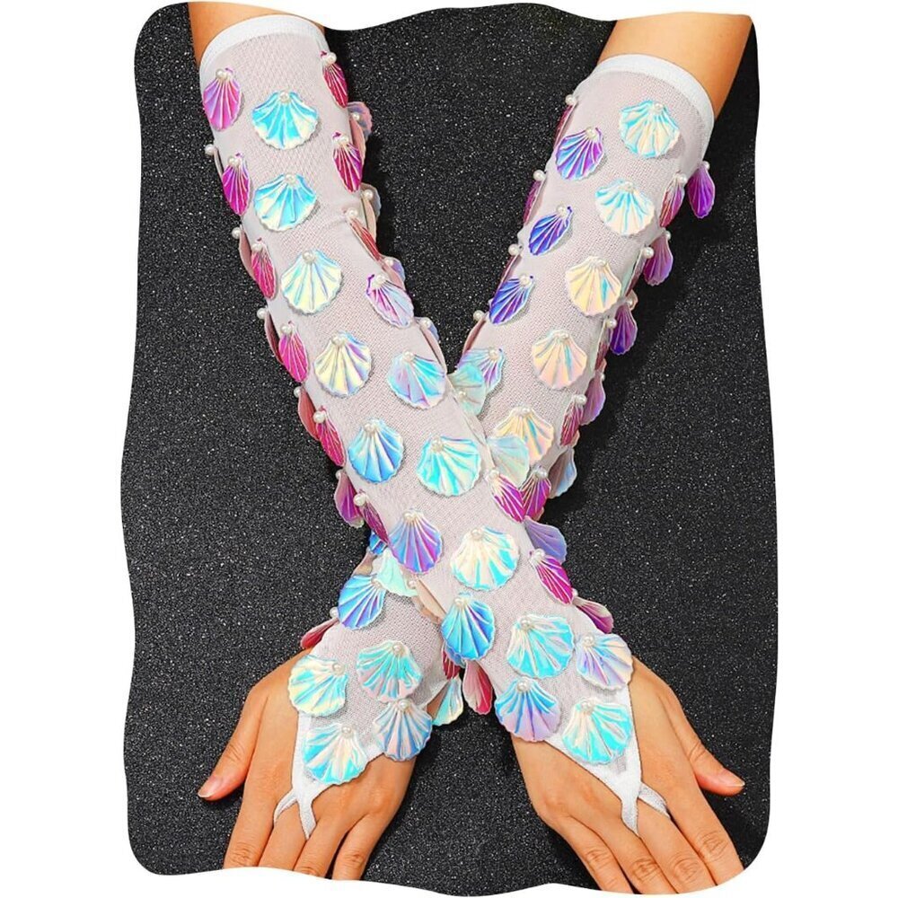 Mermaid Fish Scale Fingerless Gloves Long Shell Arm Sleeves for Women